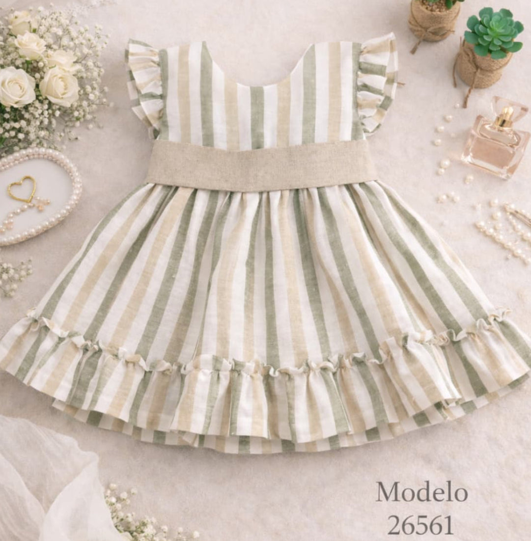 Vestido infantil niña rayas verde y beige · Algodón · Creaciones Baby Ferr 622026561 Hecho en España