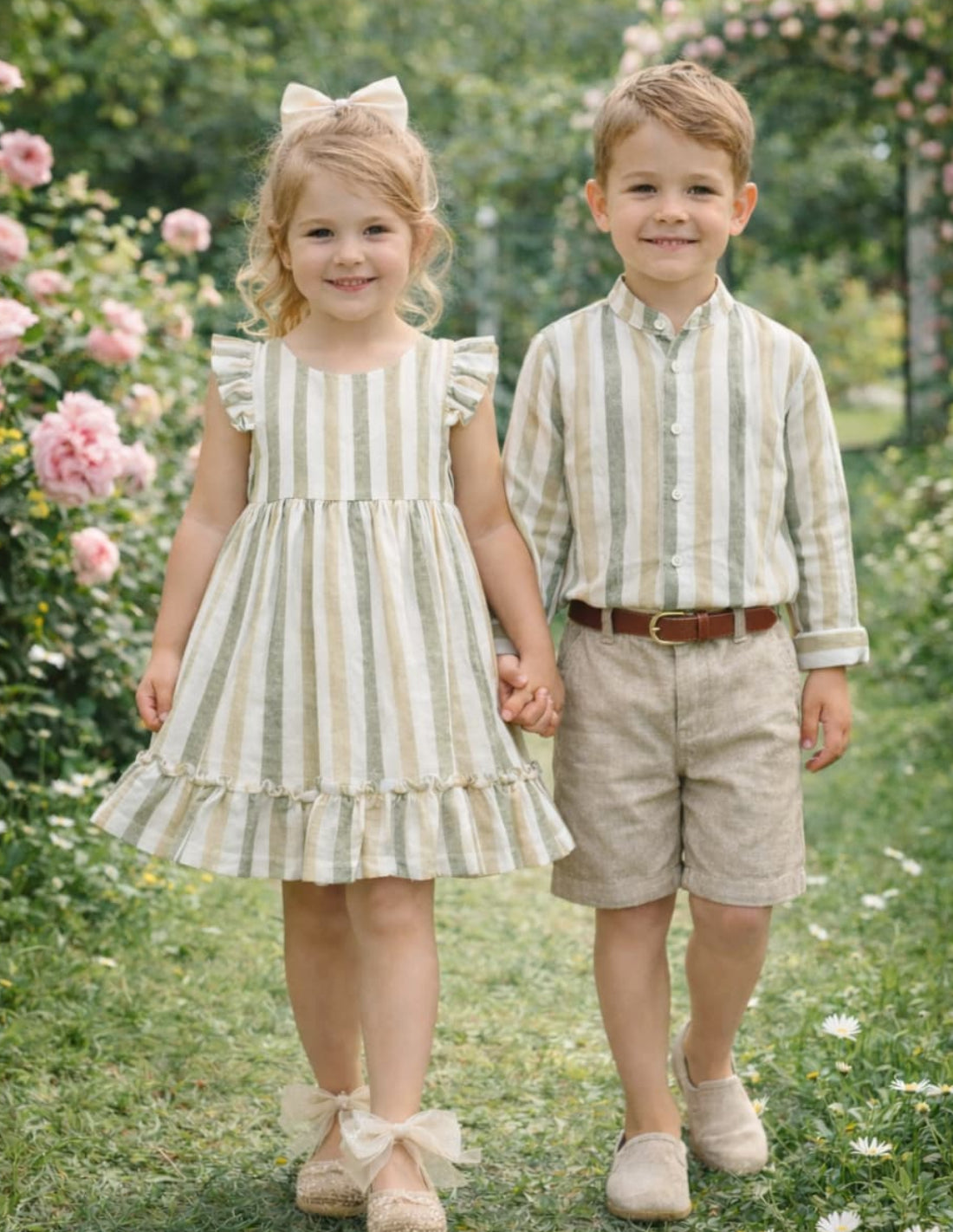 Vestido infantil niña rayas verde y beige · Algodón · Creaciones Baby Ferr 622026561 Hecho en España