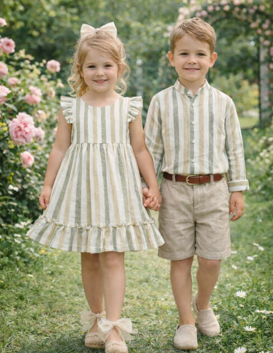 Vestido infantil niña rayas verde y beige · Algodón · Creaciones Baby Ferr 622026561 Hecho en España
