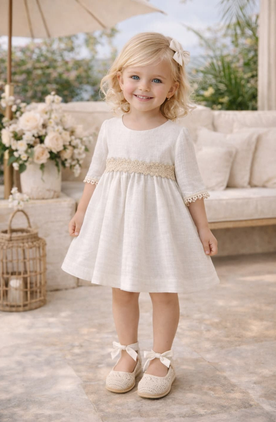Vestido niña de lino para ceremonia con encaje Creaciones Baby Ferr 622026543 – Fabricado en España