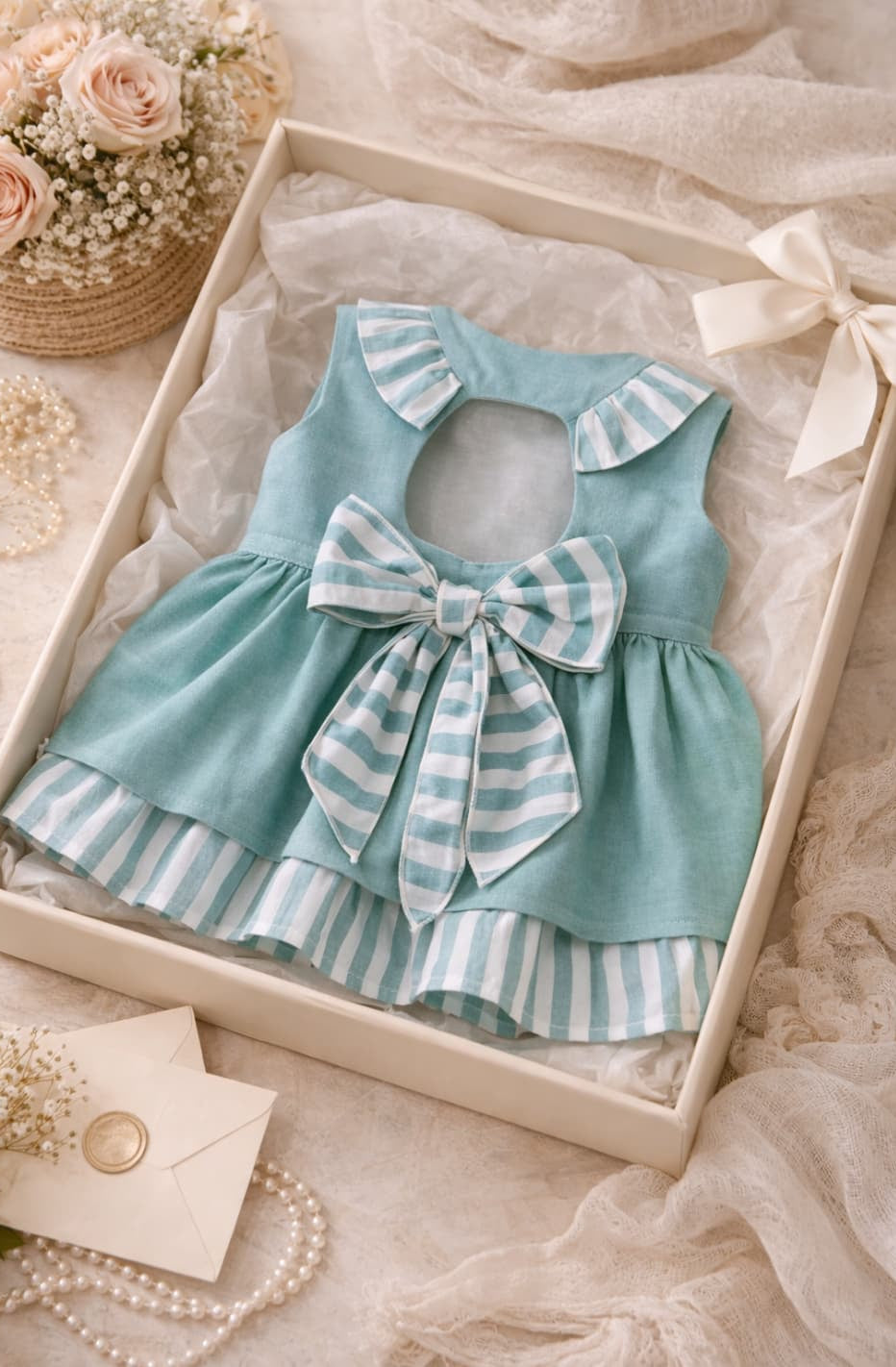 Vestido niña ceremonia verde agua con rayas Creaciones BabyFerr 622026546 – Hecho en España